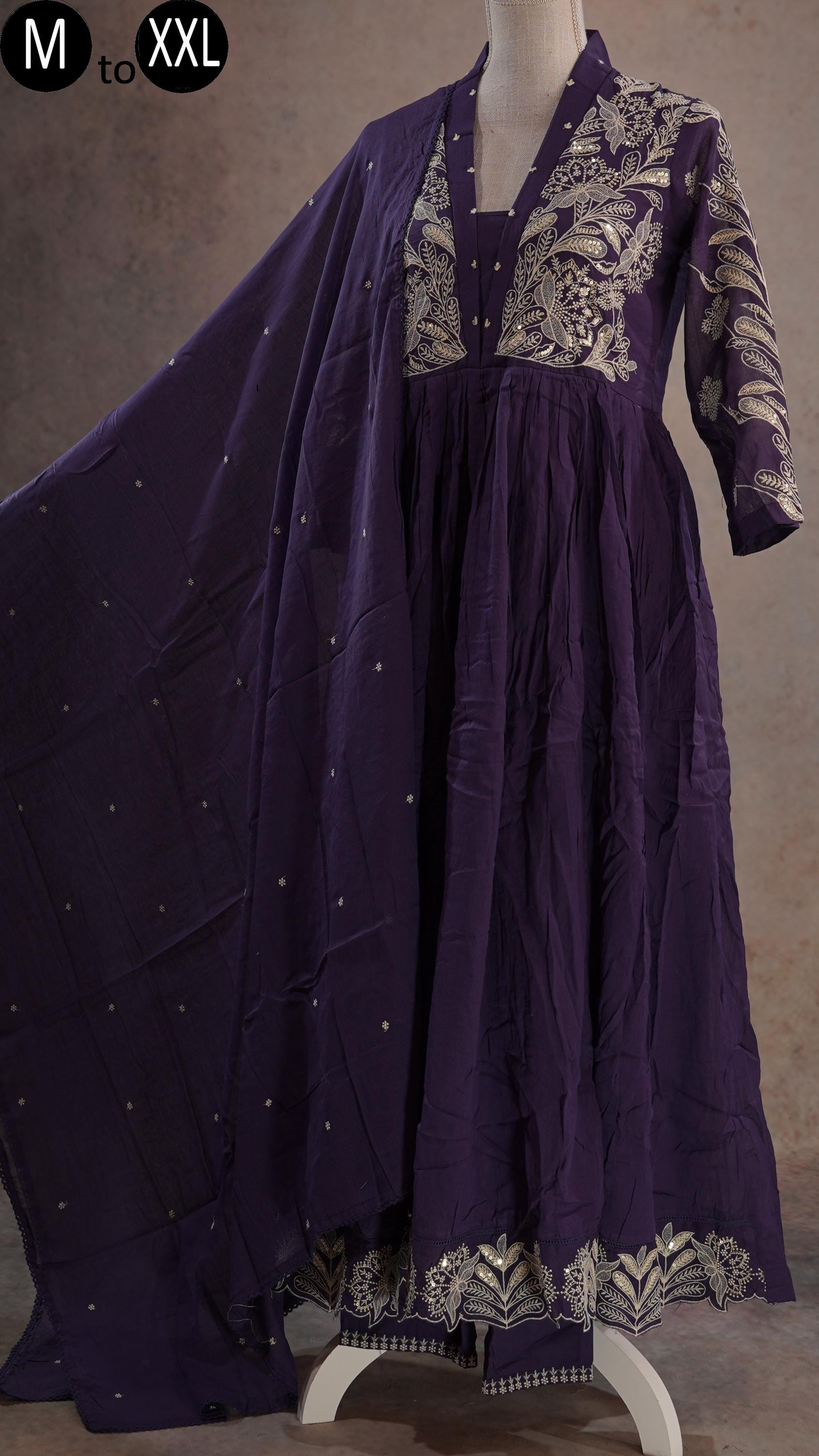 Naira Pure Mul Cotton Royal Purple Kurthi Embroidered Kurti Palazzo Dupatta For Women Casual Wear Girls Designer Flared Kurthi without Slit