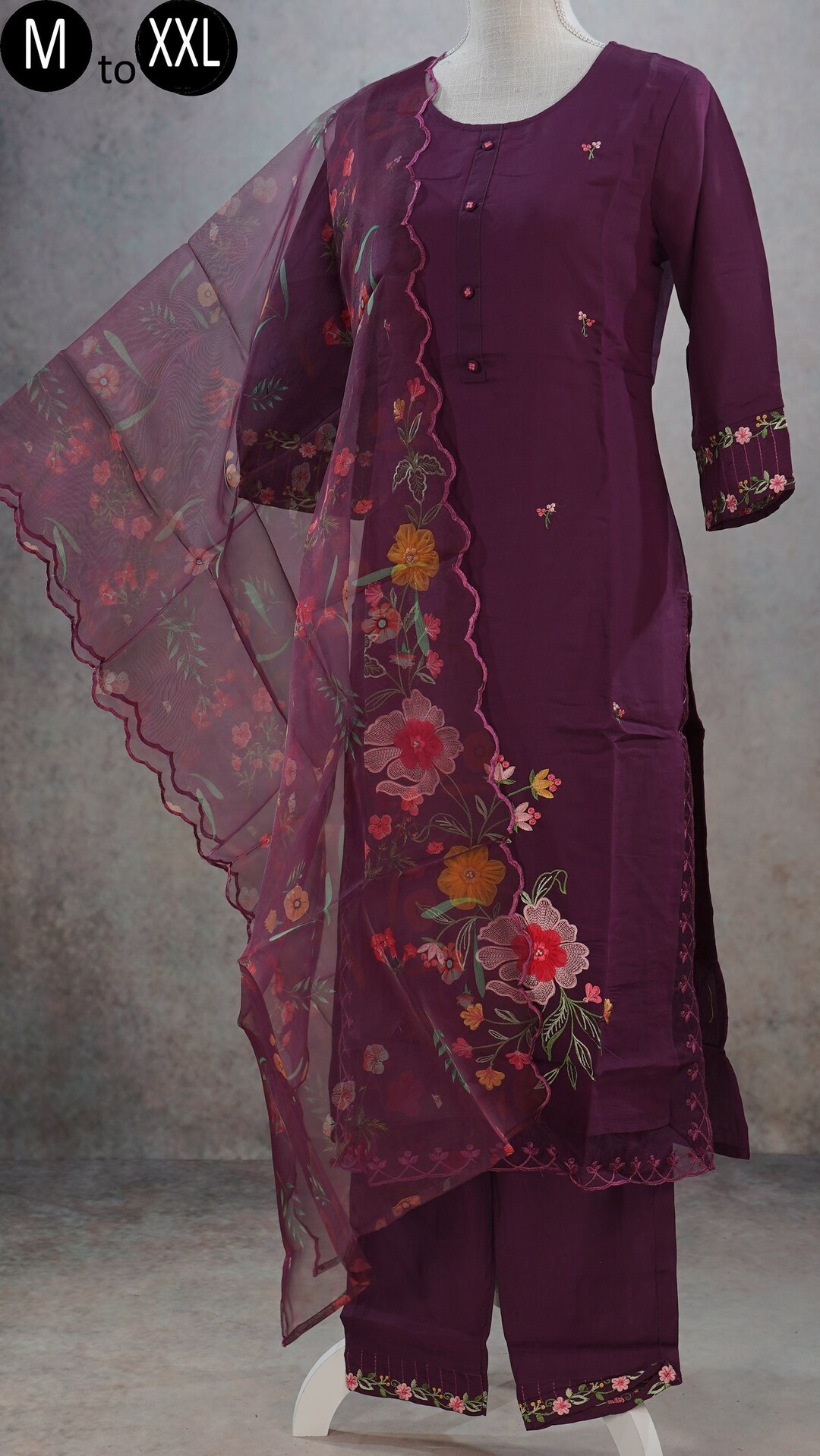 Royal Orchid Pure Dola Silk Embroidered Kurti Pant Dupatta Set main image 1
