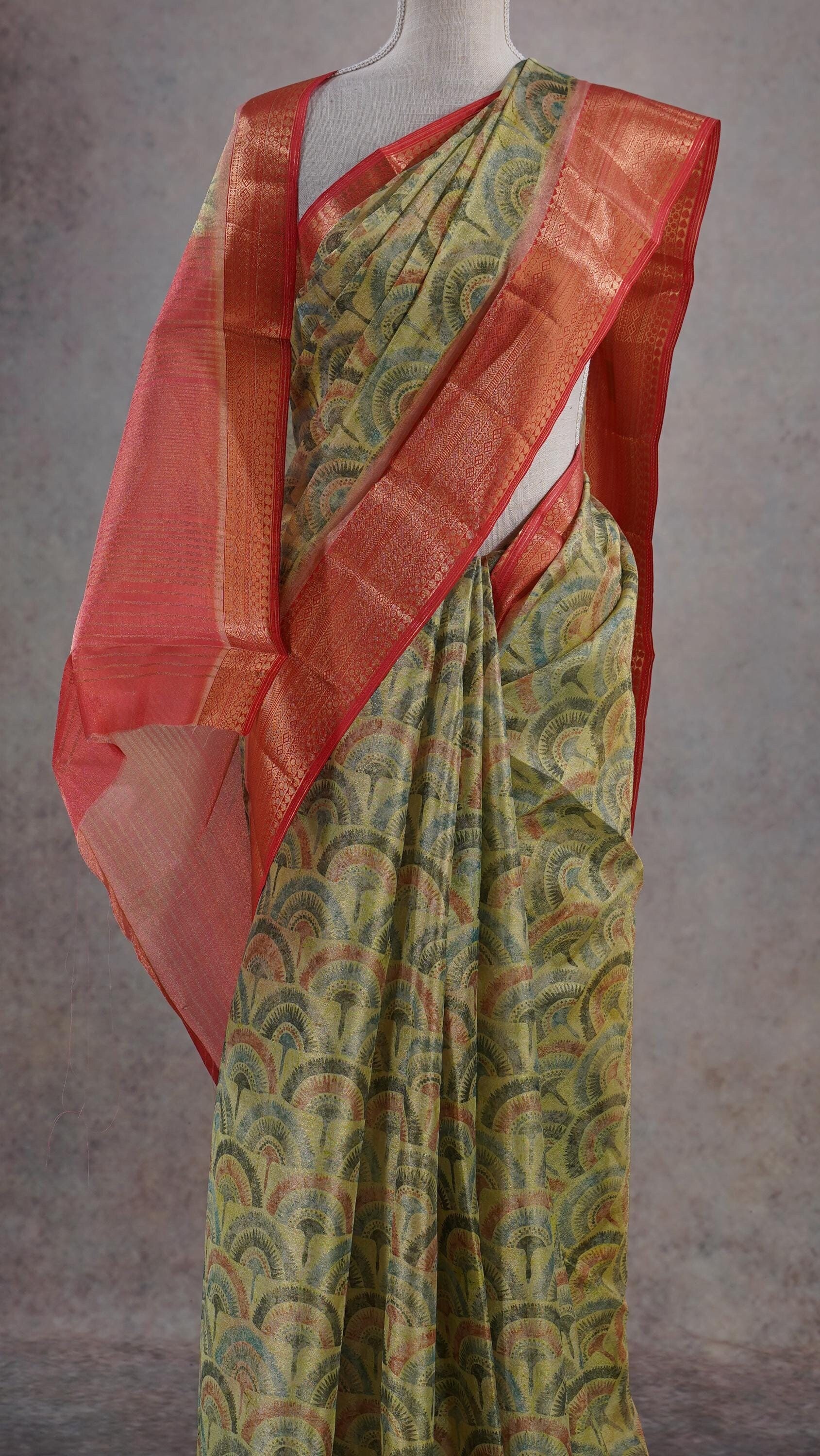 Green Orange Organza Tissue Abstract Print Saree Copper Zari Border Zari Saree, India Wedding Saree Festive Party Saree Gift Indian Women