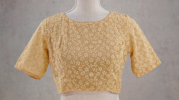 Beige Soft Georgette Chikankari Saree Back Open Blouse Top |Readymade Blouse | Indian Saree Blouse | Indo Western Blouse | Crop Ethnic Top