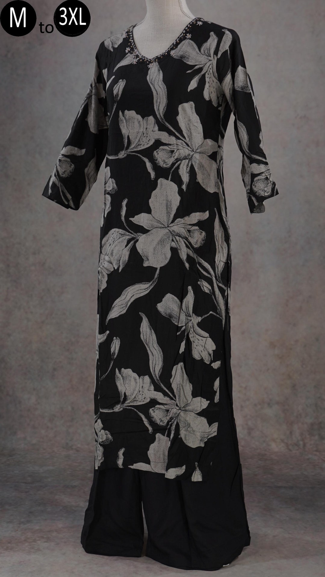 Black Printed Viscose Rayon Straight Kurta Palazzo Set