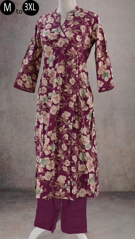 Pure Cotton Burgundy Purple floral Print Kurta Palazzo | Indian Ethnic Summer Wear Women Kurta Casual Form Girls Indian Pakistani suit women