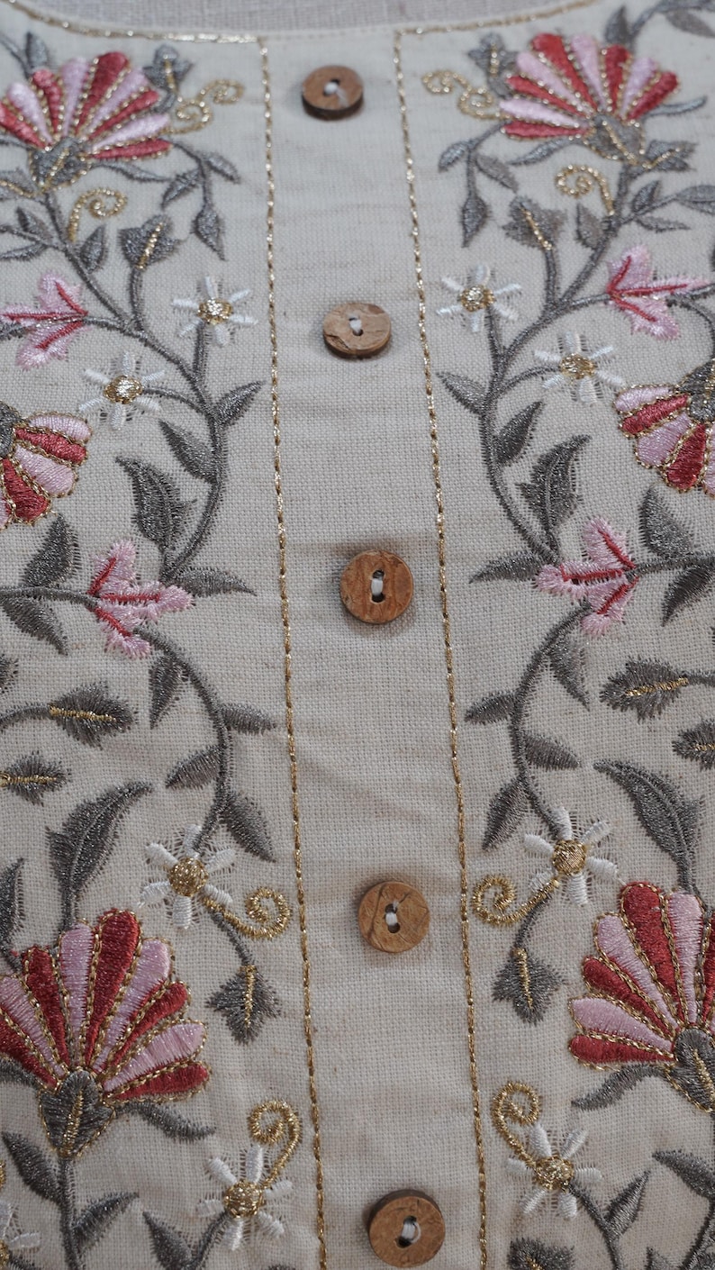 Conjunto Kurti Palazzo de algodón blanco roto puro Khadi / Kurta Salwar bordado / Ropa étnica india / Vestido bordado de algodón para mujer de talla grande imagen 4