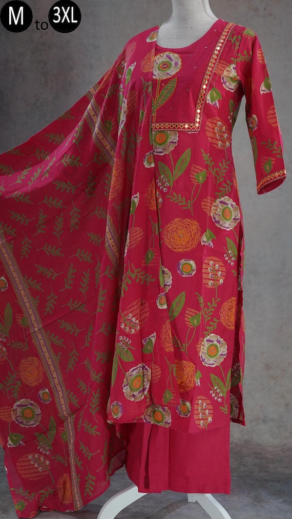 Pure Cotton Salwar for Women Cotton Kurti Set Rani Pink Kantha Embroidery Floral Casual Salwar Girls Indian Summer Wear Kurti Palazzo Set