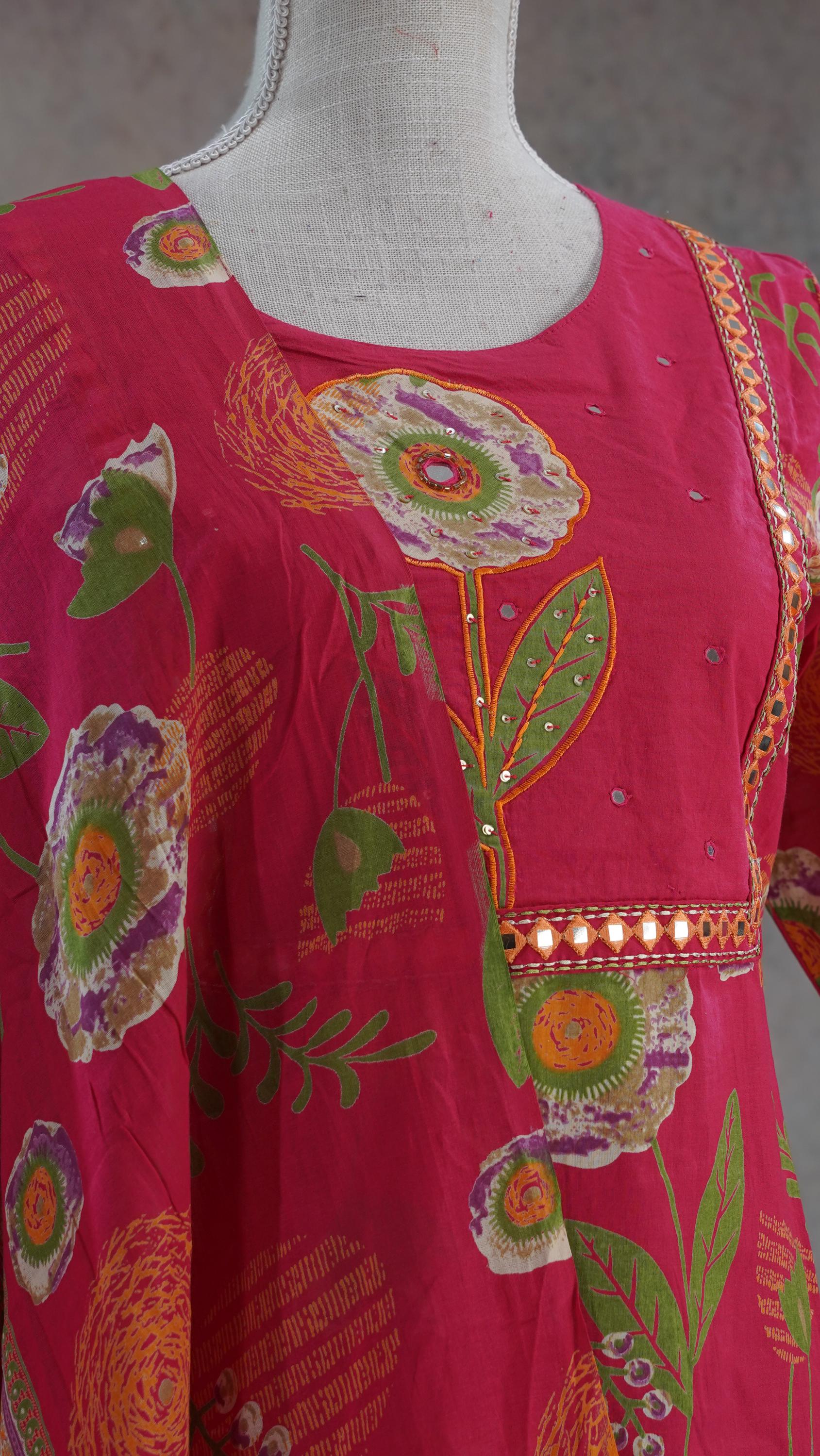 Salwar de algodón puro para mujer, conjunto de kurti de algodón, Rani, rosa, Kantha, bordado floral, informal, Salwar para niñas, ropa de verano india, conjunto de kurti palazzo imagen 13