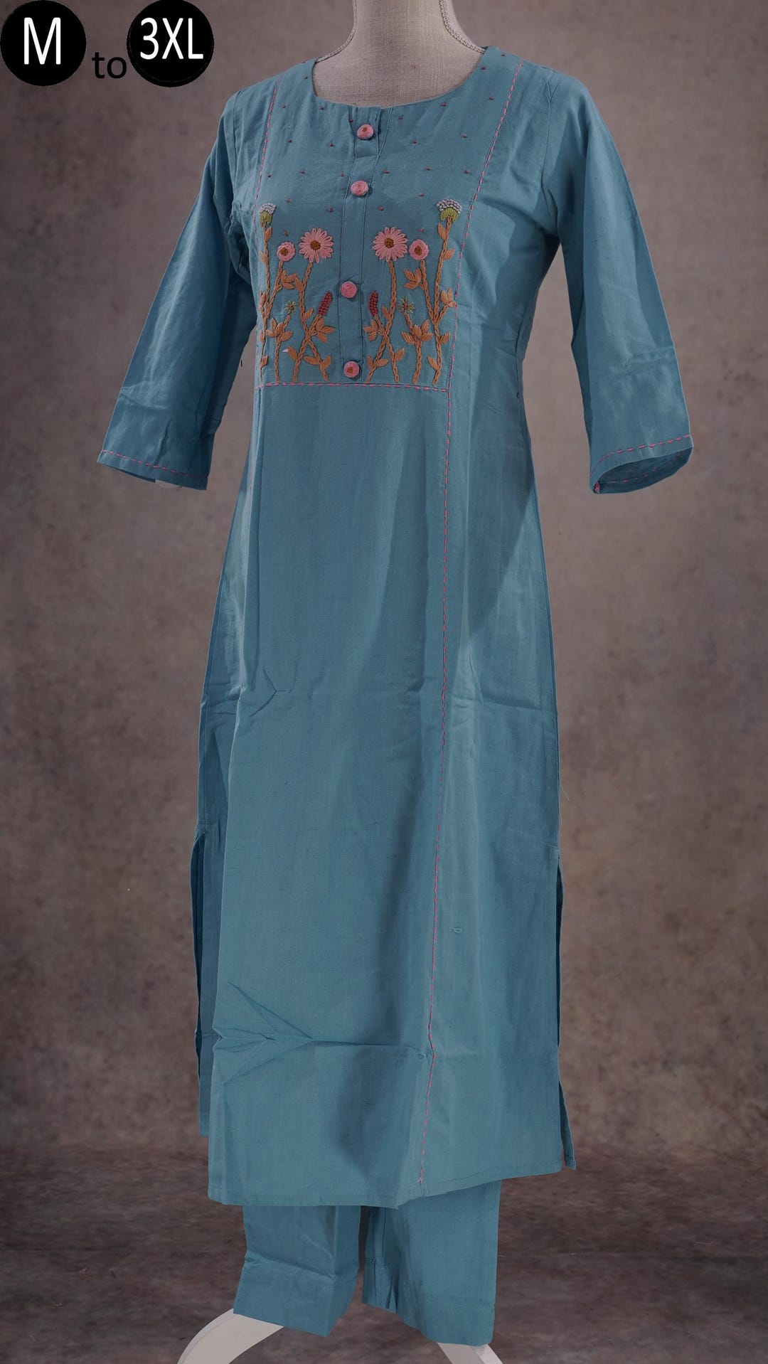 Blue Cotton Flex Embroidered Kurta Palazzo Indian Ethnic Summer Wear ...
