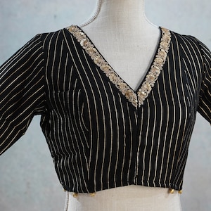 Black/Yellow Gold Saree Blouse | Georgette Readymade Front Open| Indian Saree Blouse | Indo Western Blouse | Indian Crop | Ethnic Sari Top