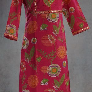 Salwar de algodón puro para mujer, conjunto de kurti de algodón, Rani, rosa, Kantha, bordado floral, informal, Salwar para niñas, ropa de verano india, conjunto de kurti palazzo imagen 8