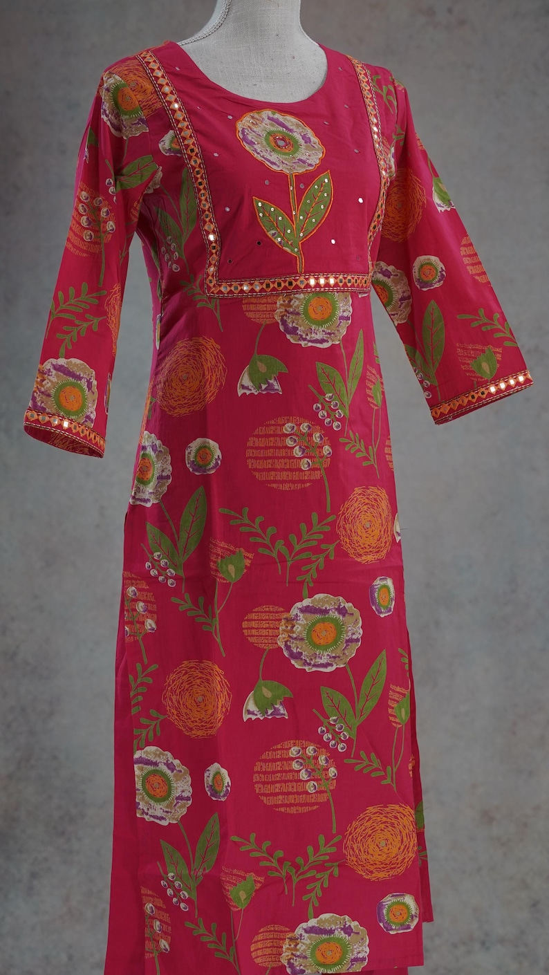 Salwar de algodón puro para mujer, conjunto de kurti de algodón, Rani, rosa, Kantha, bordado floral, informal, Salwar para niñas, ropa de verano india, conjunto de kurti palazzo imagen 8