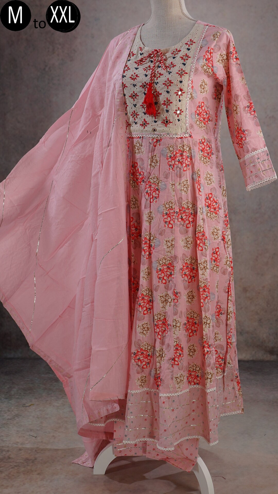Pink Cotton Schiffli Floral Embroidered Short Kurti