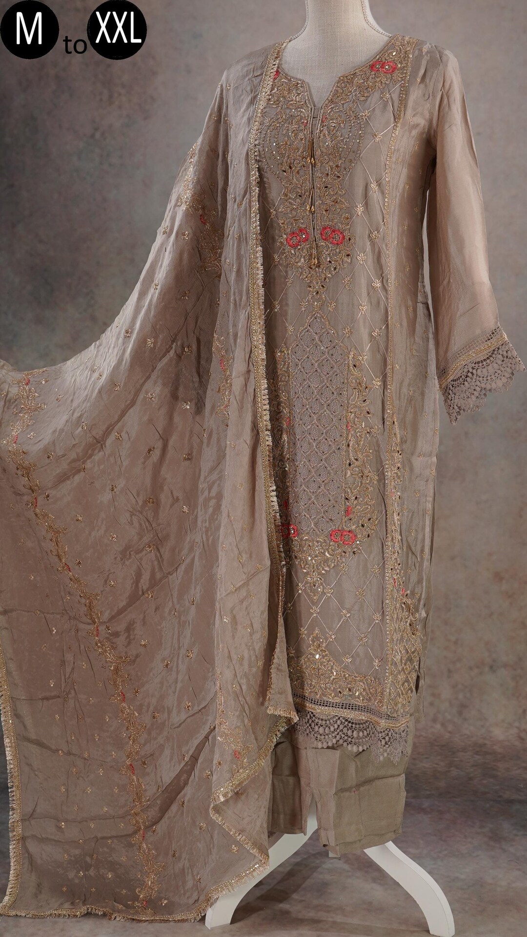 Light Gray Chinon Silk Plazo With Top & Dupatta For Indian & Pakistani Wedding Festival - Mirror Dori Thread & Sequence Work