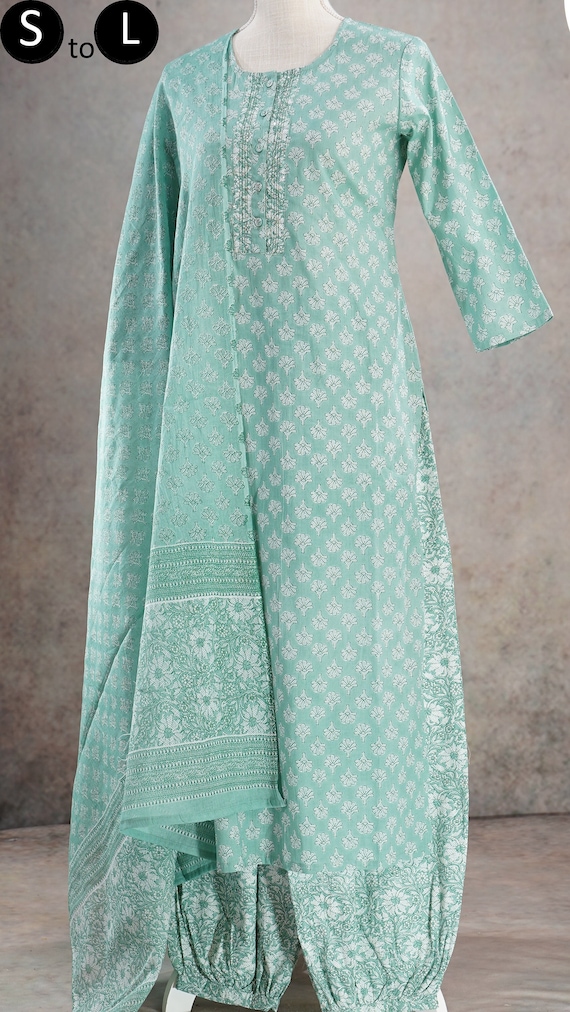 Chest:44. Bright Green and White Combination Kurti With Leggings