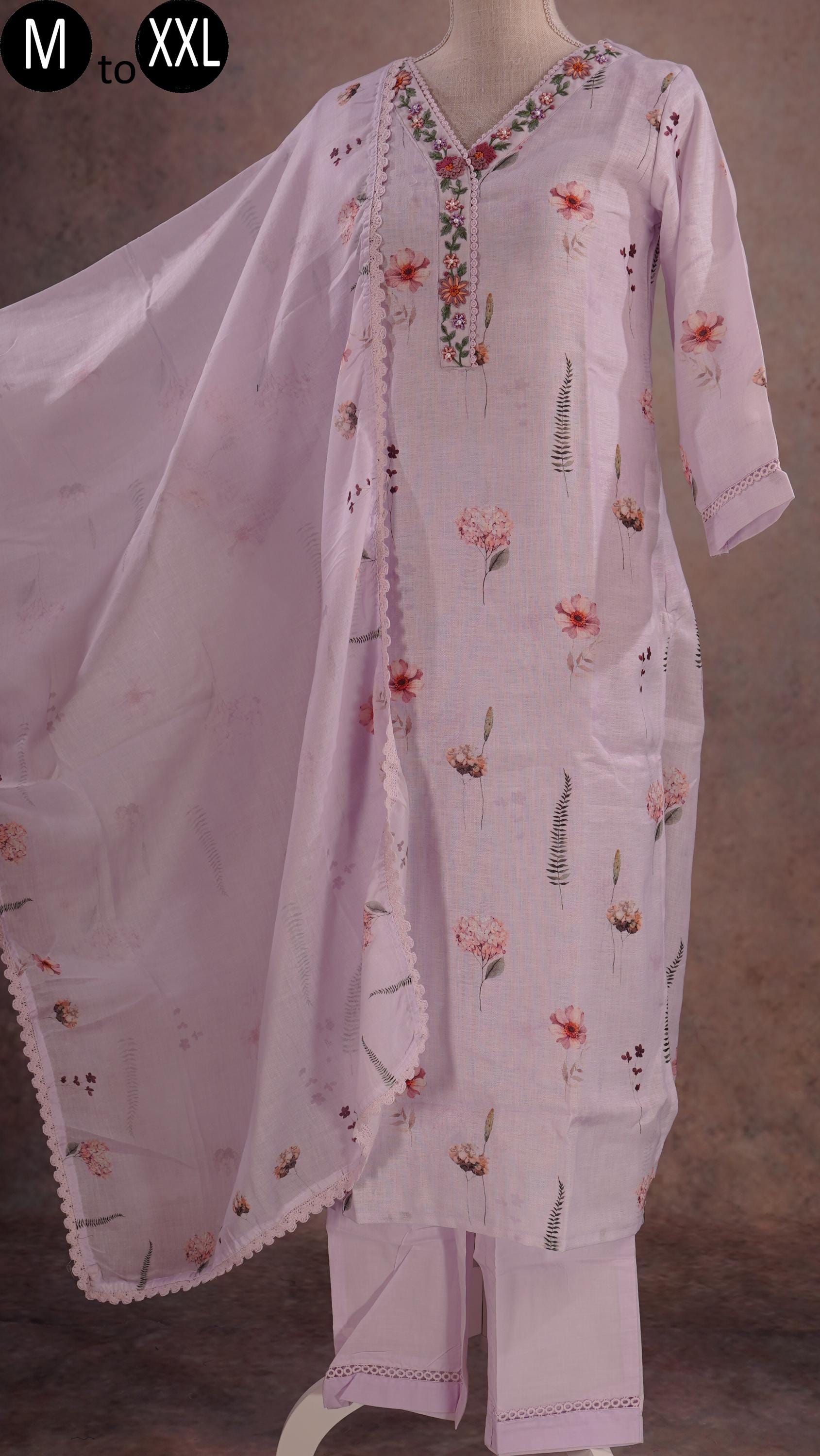 Linen Lavender Floral Print Embroidery Kurta Palazzo Cotton Dupatta Summer Party set | Indian Ethnic Summer Wear Women Kurta Pakistani suit