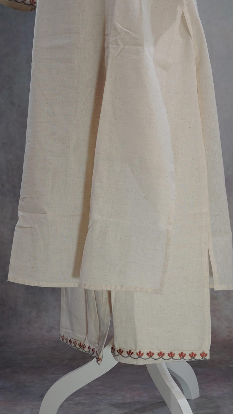 Conjunto Kurti Palazzo de algodón blanco roto puro Khadi / Kurta Salwar bordado / Ropa étnica india / Vestido bordado de algodón para mujer de talla grande imagen 8