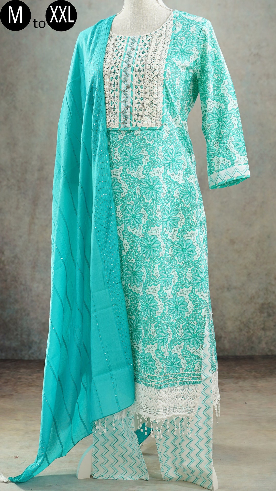 Pure Cotton Green Printed Kurta Palazzo Dupatta Set Indian Etsy