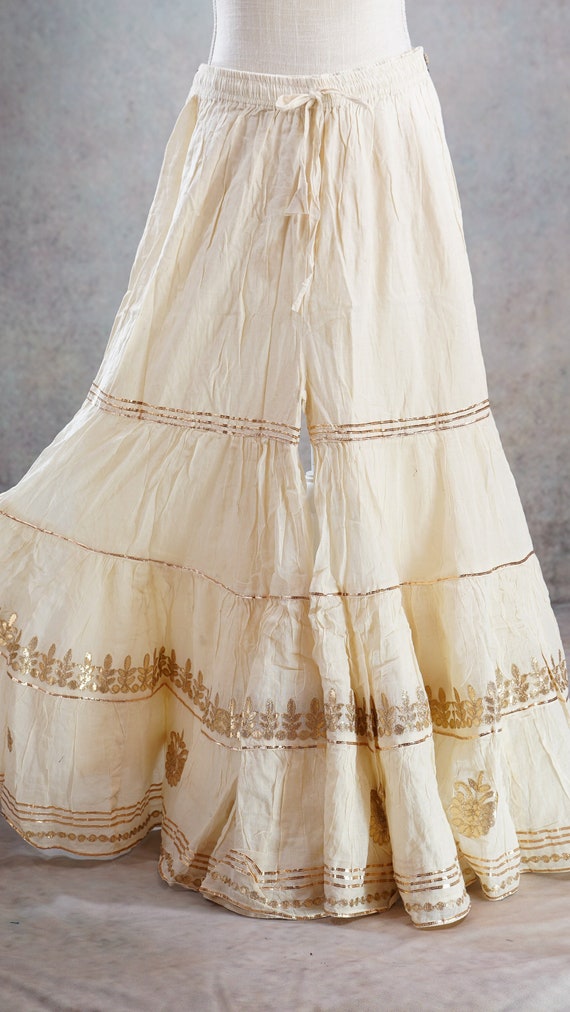 Off-White Gold Palazzo Leather work Skirt Indian Women Sharara Pants Kurta Trousers Casual Skirt Pakistani Gift for her Indian Skirt Lehenga