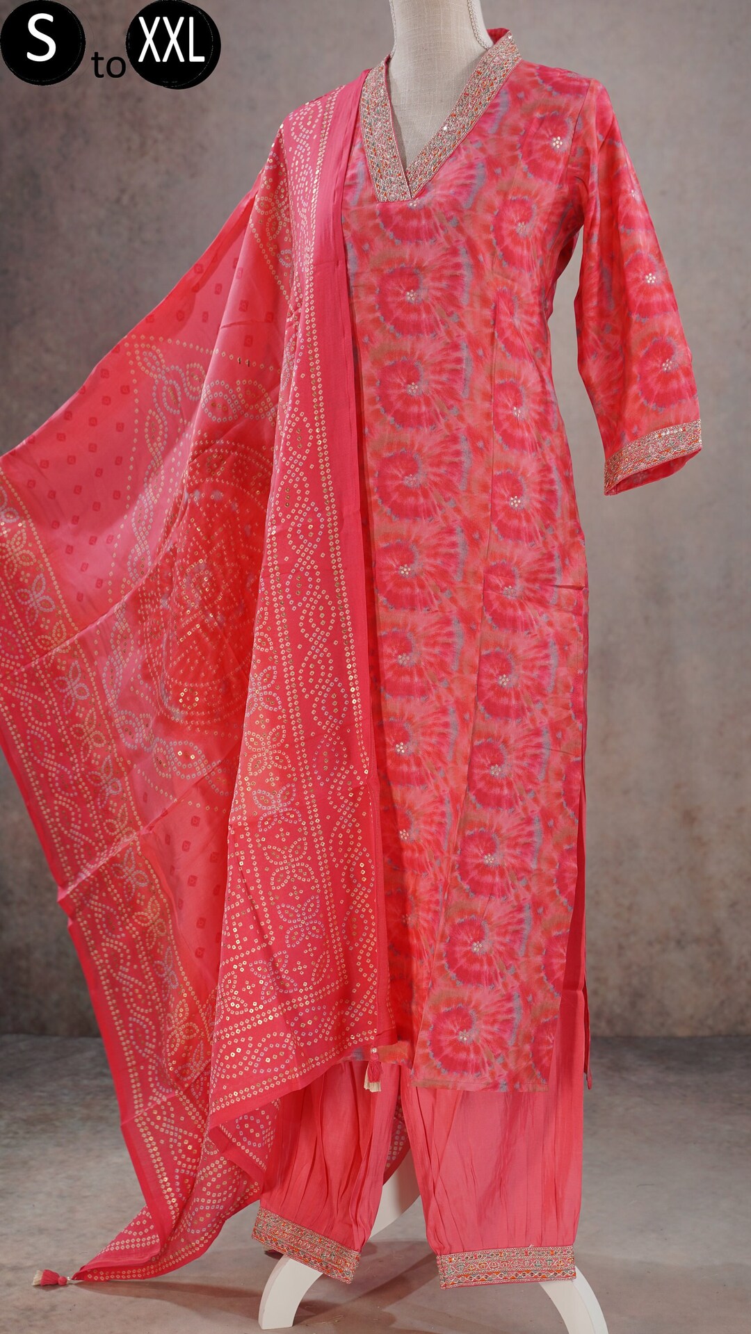PAM COTTON | Women’s Pink Floral Ethnic Suit Set | Printed Kurta Palazzo Dupatta with Lace Detail