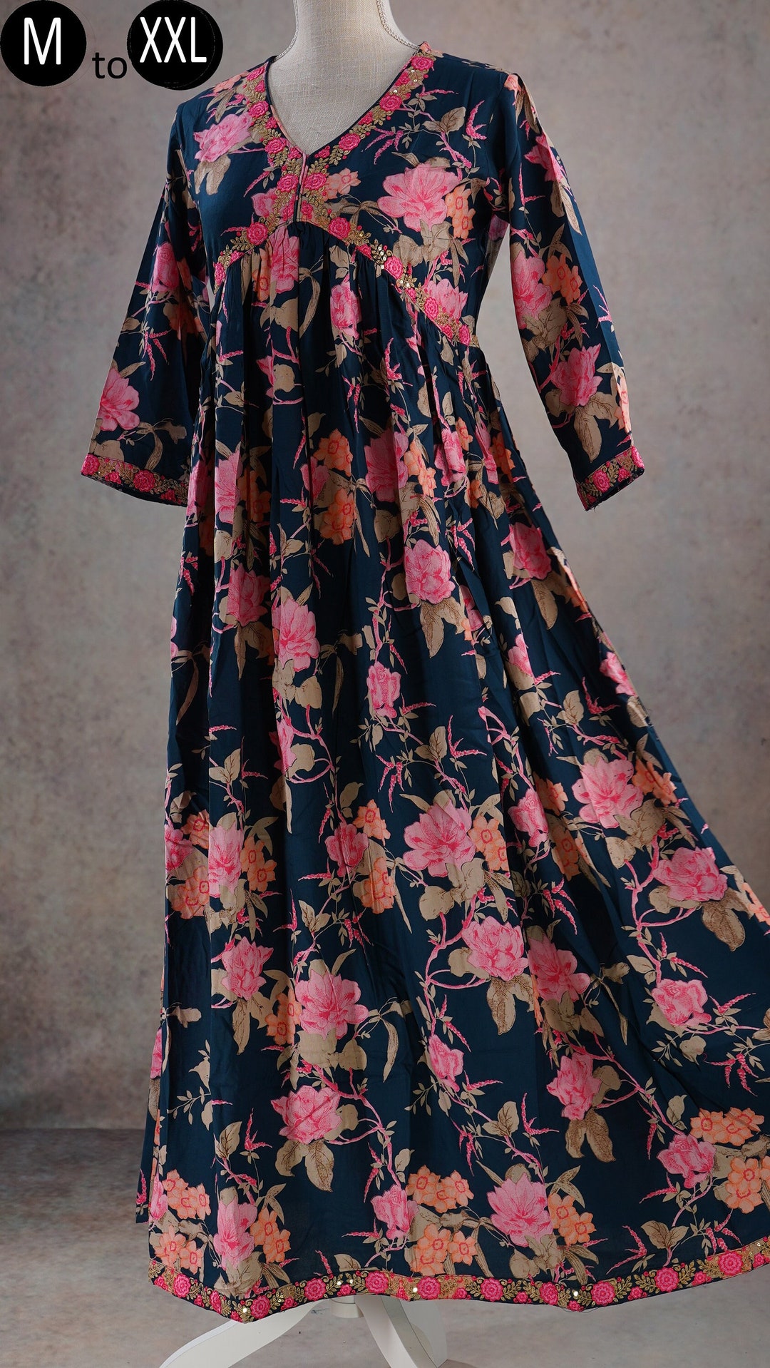 Teel Colour Pure Cotton Full Flair Indowestern Dress With Beautiful Embroidery work on neck