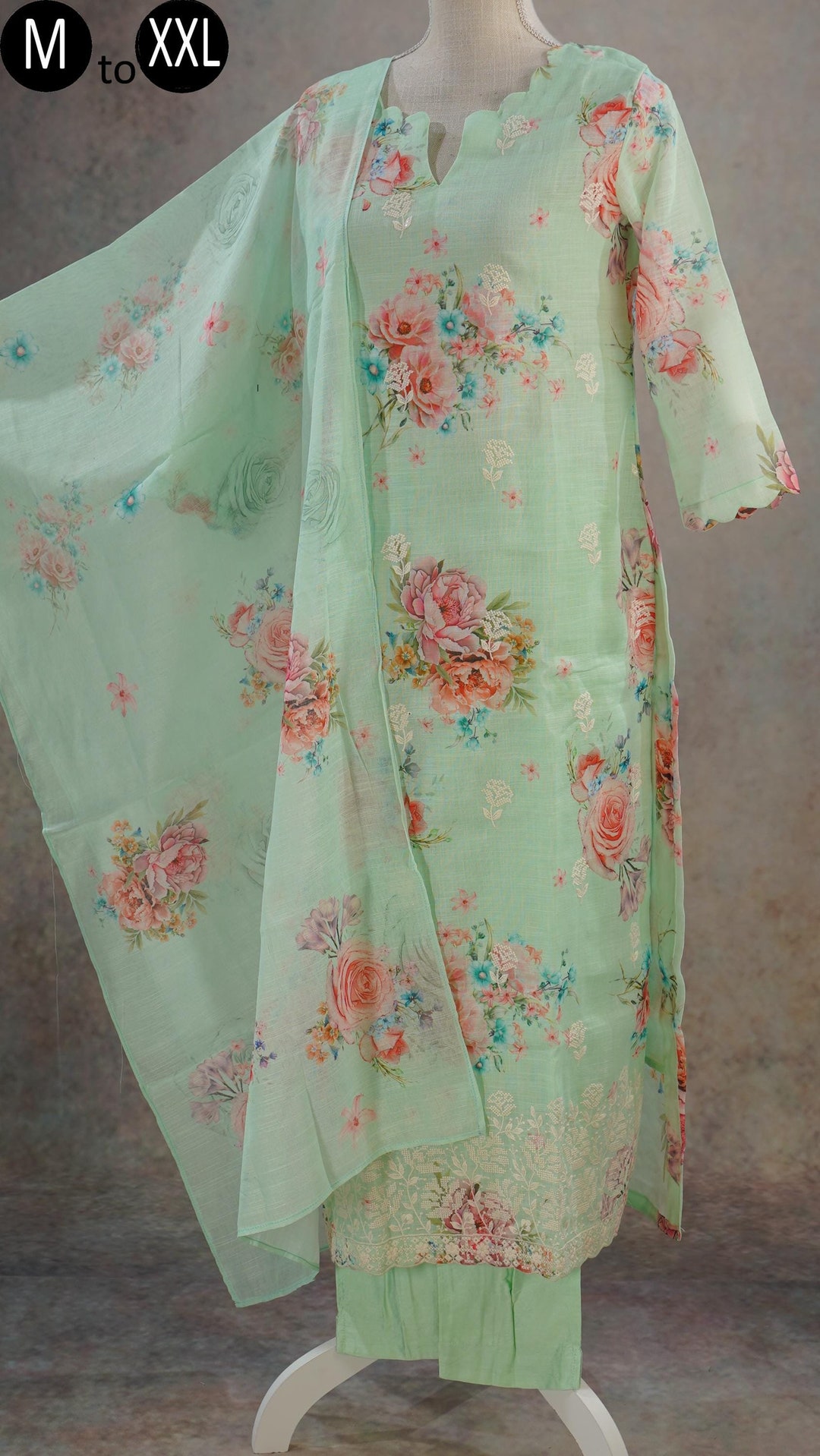 Green Linen Floral Print Summer Wear Straight Short Kurti With Afghani Pant Set main image 1