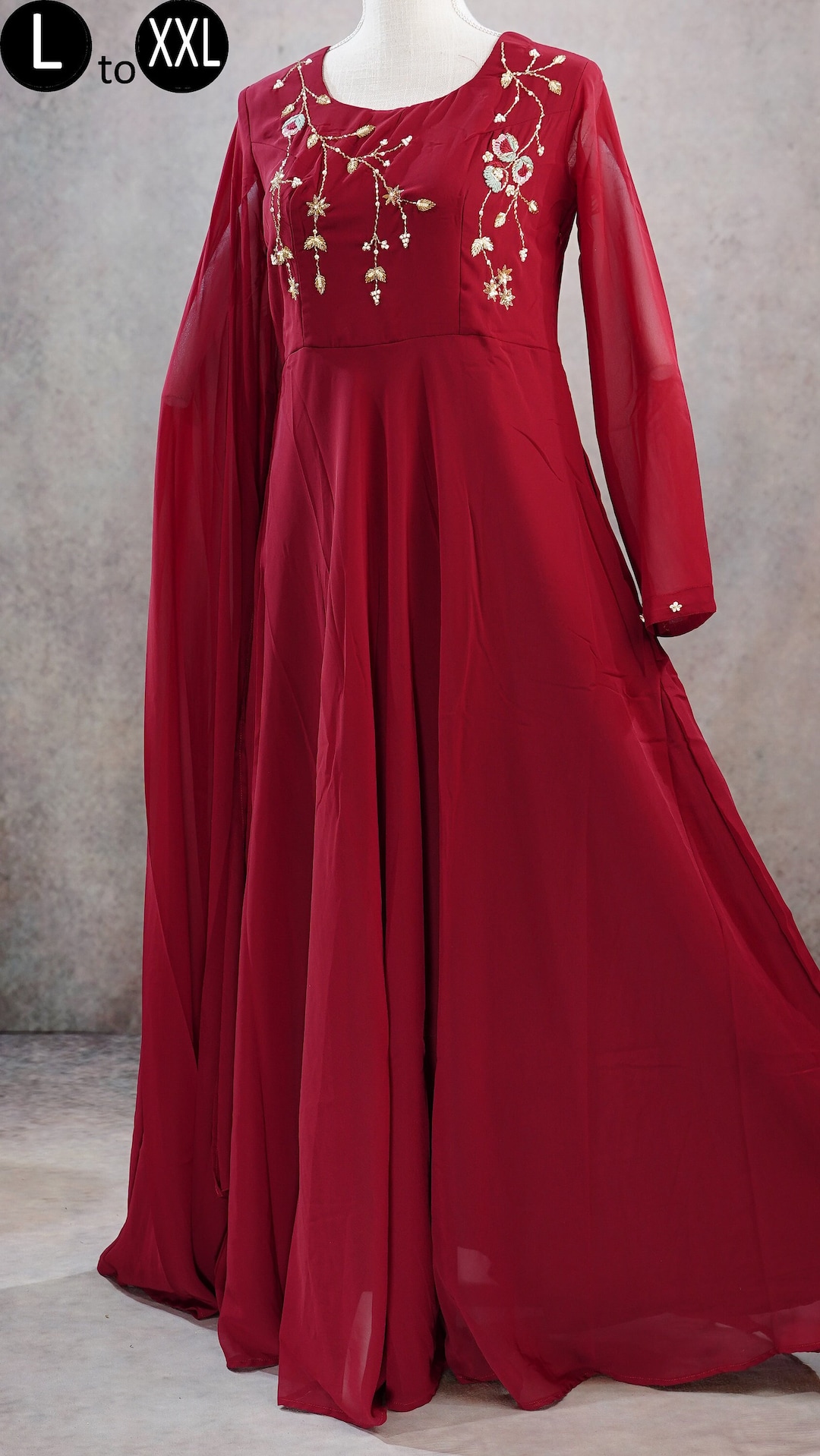 Maroon Georgette Gown For Indian & Pakistani Wedding Festival - Thread & Sequence Embroidery