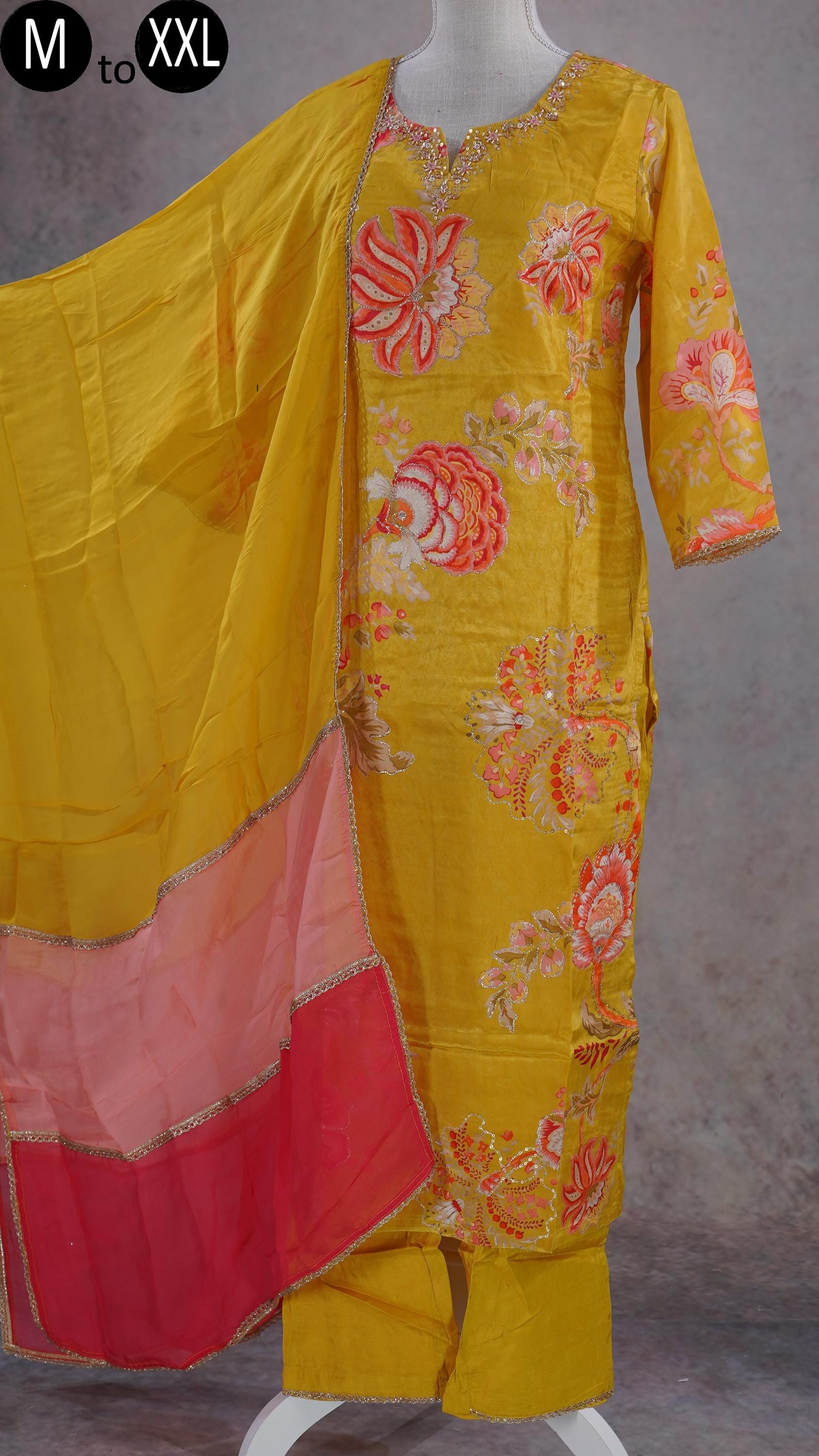 Kurta Palazzo Dupatta con estampado floral digital de crepé natural amarillo mostaza de diseñador para mujer, conjunto informal pakistaní para fiesta étnica india