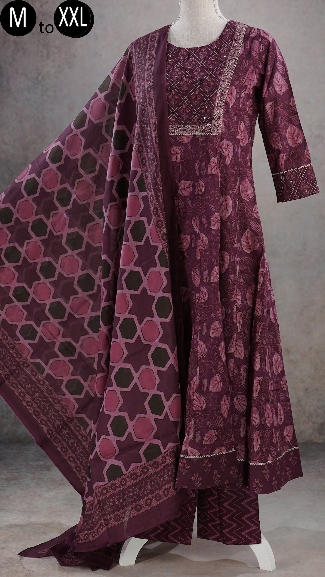 Maroon - Jaipur Print Patchwork Cotton Unstitched Kurta Material (2.7m) 29