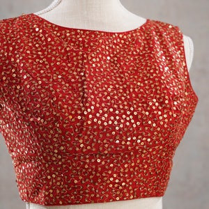 Gold Sequins Embroidered Rust Red ready-made Sari blouse Sleeveless, Back open Indian Wedding Saree Blouse, Bollywood, Embroidered Blouse