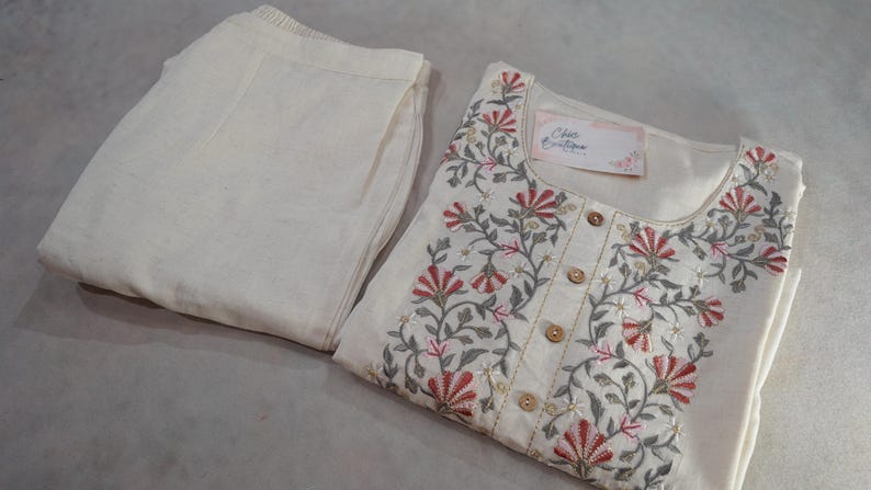 Conjunto Kurti Palazzo de algodón blanco roto puro Khadi / Kurta Salwar bordado / Ropa étnica india / Vestido bordado de algodón para mujer de talla grande imagen 5