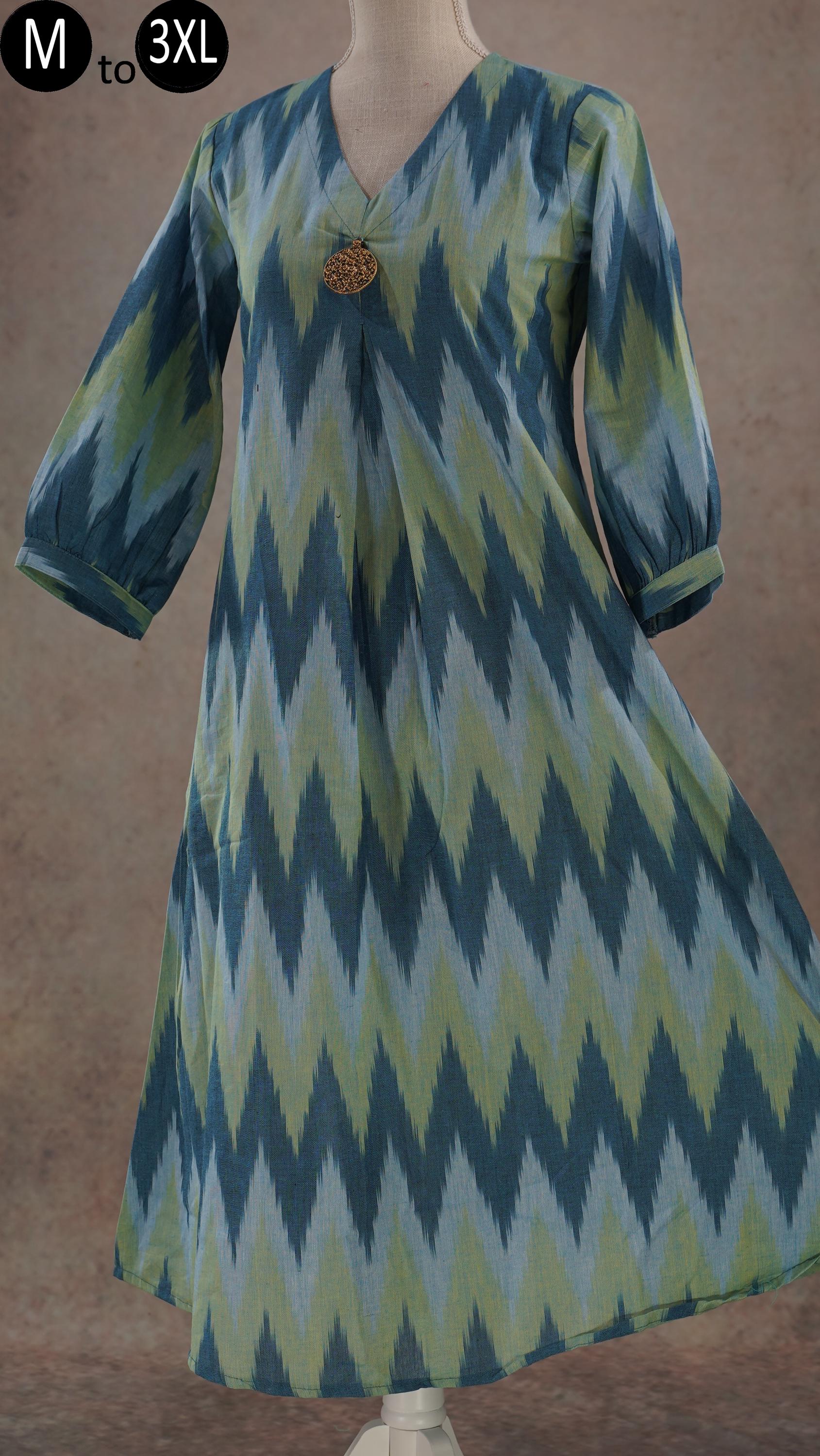 Pure Cotton Blue Flary A-Line Ikkat Print Ethnic Calf-Length Dress Indian Kurti Casual Party Indo Western Woman Fusion Kurta Summer Wear