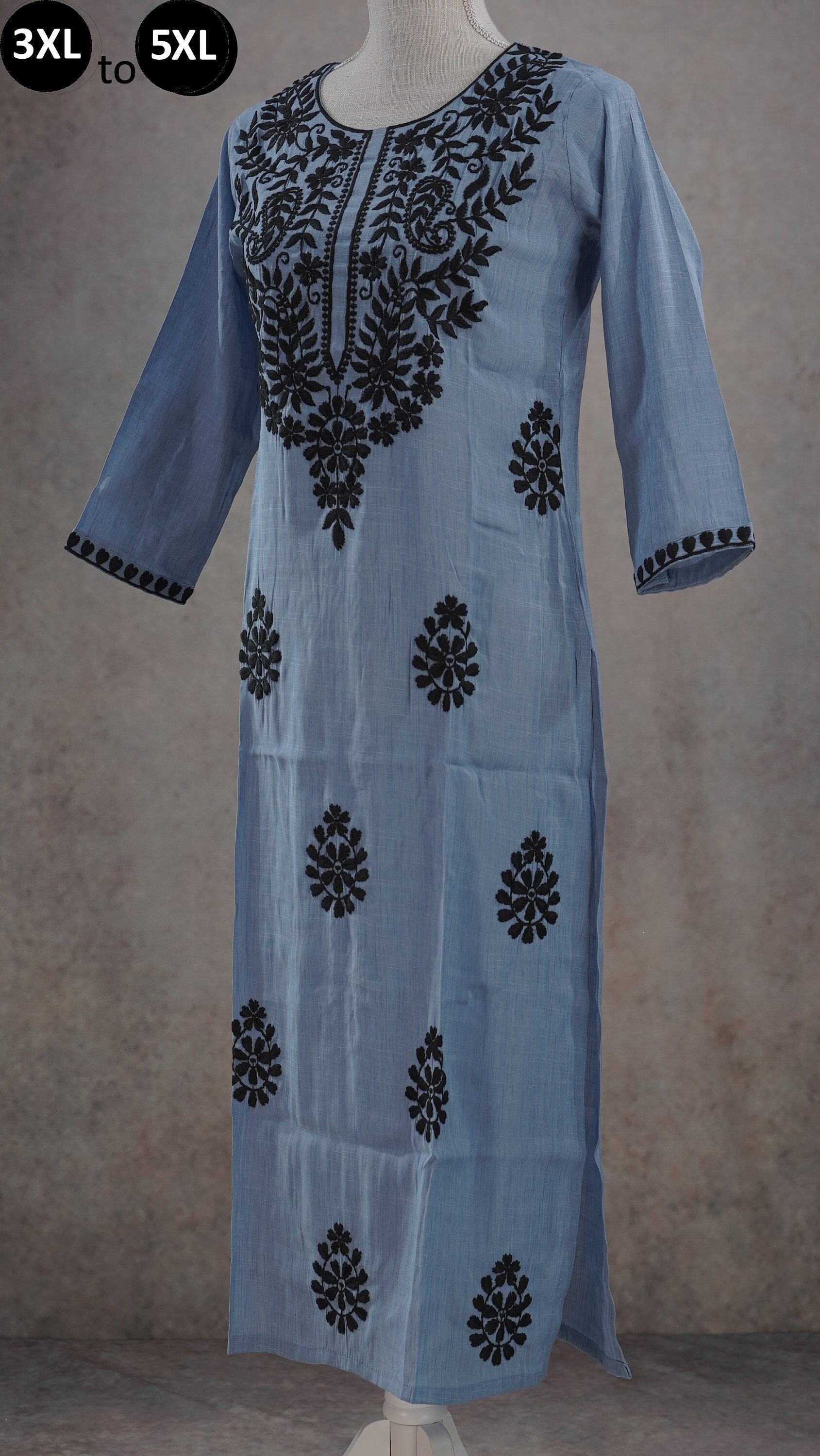 Grey 3/4 Sleeves designer Kurti / Tunic (India) with beaded neckline
