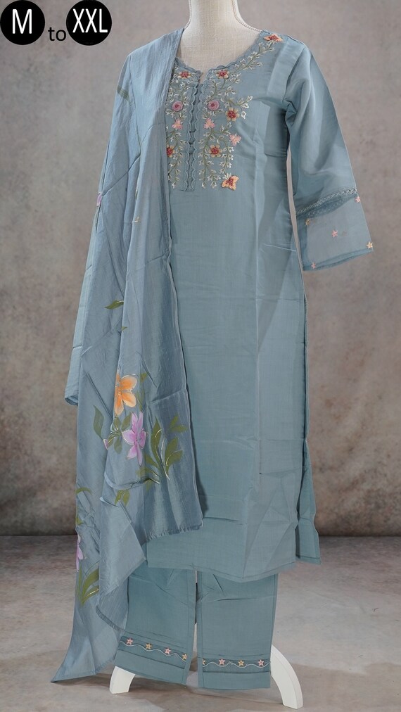 Attractive Blue Colored Partywear Embroidered Cotton Silk Kurti-Palazz