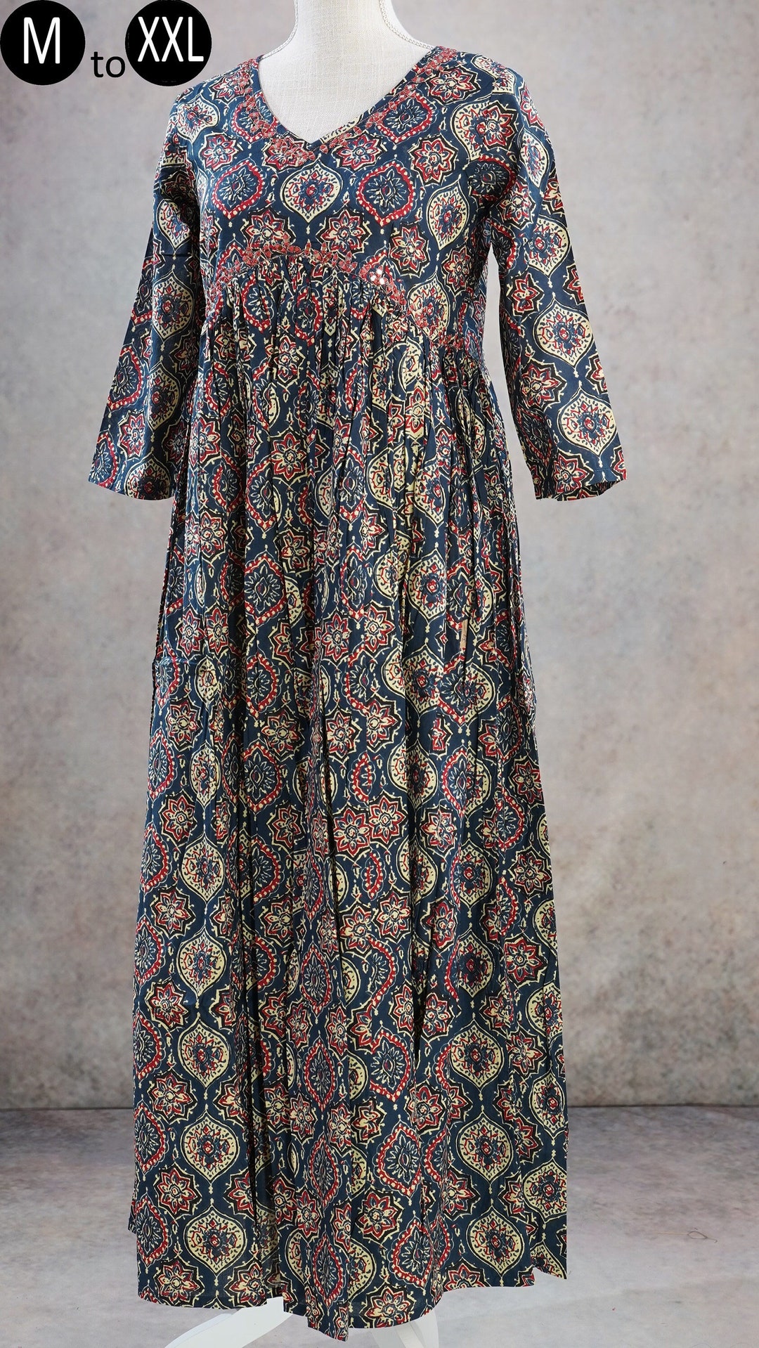 Dark Blue Pure Cotton Full Flair Indowestern Dress with stylish Embroidered Short jacket