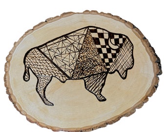 Wood Sign of Buffalo w/Geometric Design