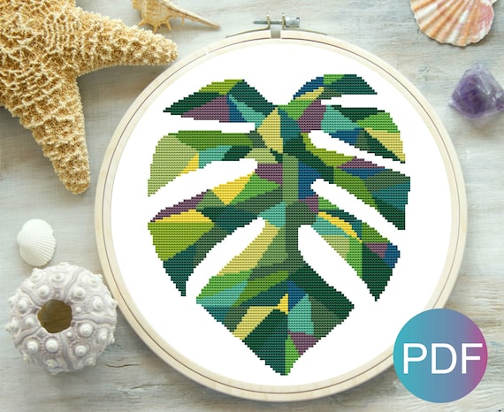 Monstera Cross Stitch Pattern For Embroidery Tropical Leaf Pdf Etsy
