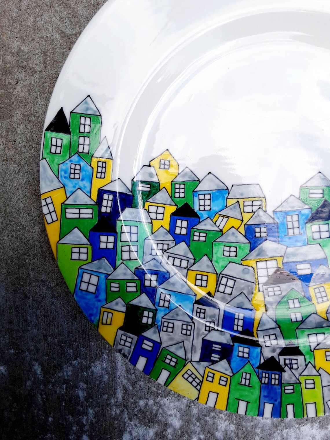 Handpainted Vintage Plate 'houses at Night Etsy