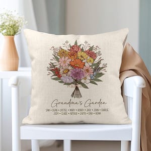 Grandma Pillow with Grandkids, Grandmas Garden Pillow, Grandchildren Pillow, Birthday Gifts for Grandma, Birth Flower Pillow, Grandma Gift