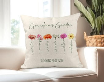 Grandmas Garden Pillow, Mothers Day Gift for Grandma, Birth Flower Pillow Cover, Grandma Gift Personalized, Grandkids Names Gift, Nana Gift