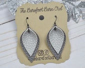 Gray Double Leaf Faux Leather Earrings, Black Glitter Buffalo Check Double Tear Drop Dangle Earring, Leaf Style Earrings