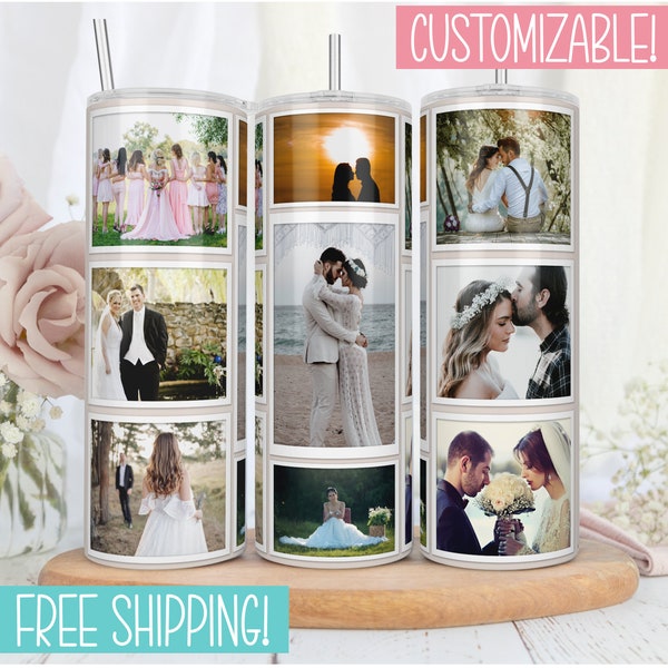 Photo Tumbler Personalized, Picture Tumbler Collage, Engagement Gift for Her, Wedding Photo Gift for Mom, Custom Tumbler with Pictures