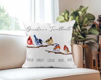 Bird Watching Gift for Grandma, Mothers Day Gifts for Grandma, Grandma Pillow Cover Personalized, Grandmas Birds, Grandkids Names Pillow