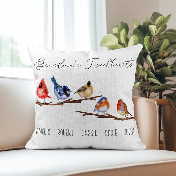 Bird Watching Gift for Grandma, Mothers Day Gifts for Grandma, Grandma Pillow Cover Personalized, Grandmas Birds, Grandkids Names Pillow