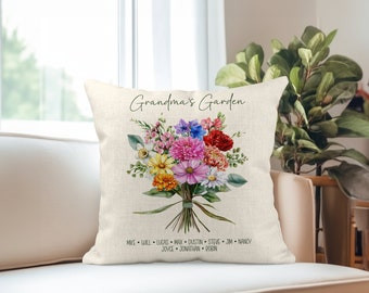 Grandmas Garden Pillow, Mothers Day Gifts for Grandma, Birth Flower Bouquet Pillow Cover, Grandma Gift Personalized, Grandkids Names Gift