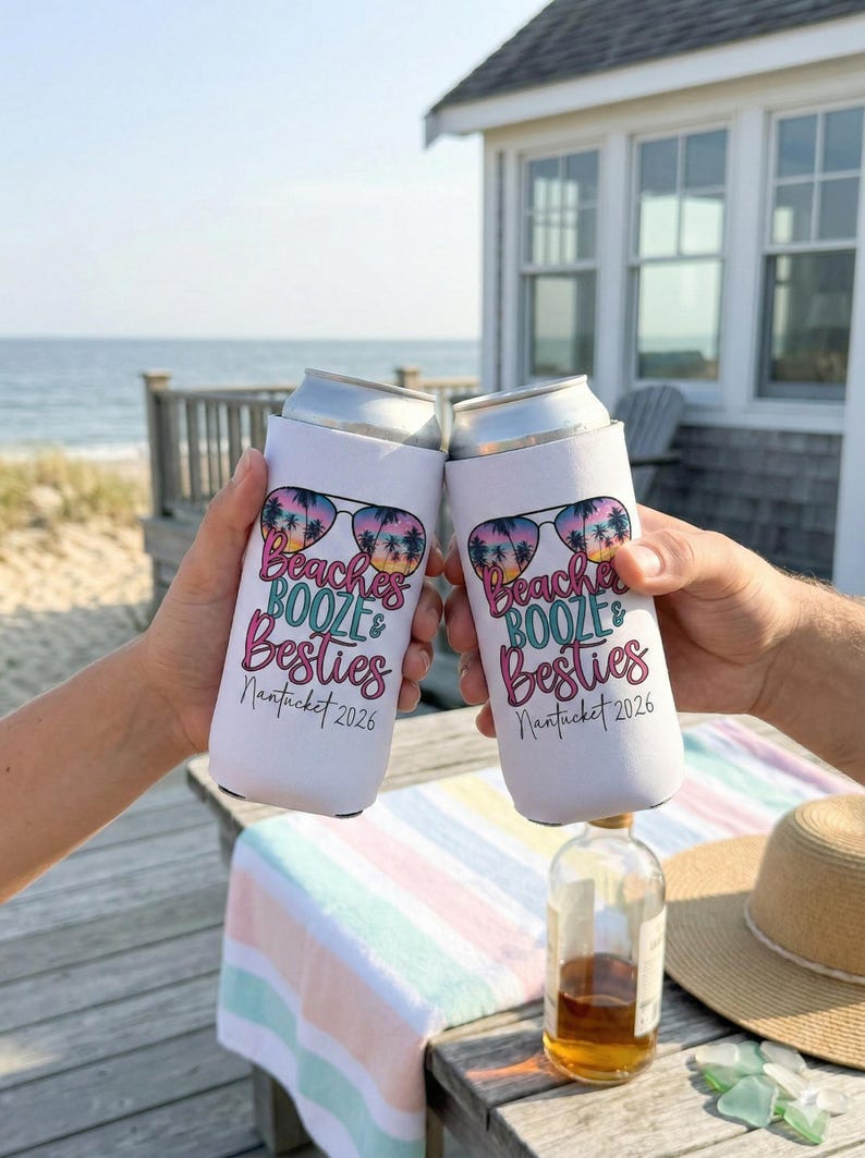 Beach Can Cooler Personalized, Beaches Booze Besties Can Cooler, Girls Trip Gift, Custom Bachelorette Can Cooler, Spring Break Party Favors image 5