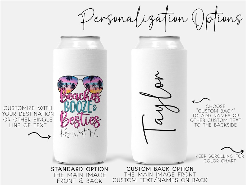 Beach Can Cooler Personalized, Beaches Booze Besties Can Cooler, Girls Trip Gift, Custom Bachelorette Can Cooler, Spring Break Party Favors image 4