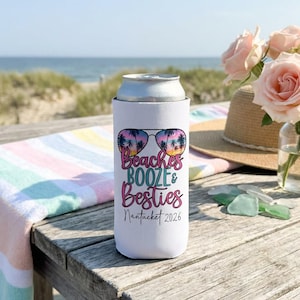 Beach Can Cooler Personalized, Beaches Booze Besties Can Cooler, Girls Trip Gift, Custom Bachelorette Can Cooler, Spring Break Party Favors image 1