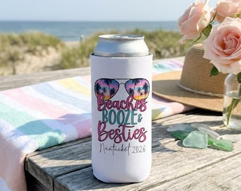 Beach Can Cooler Personalized, Beaches Booze Besties Can Cooler, Girls Trip Gift, Custom Bachelorette Can Cooler, Spring Break Party Favors
