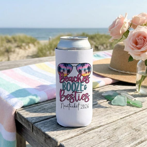 Beach Can Cooler Personalized, Beaches Booze Besties Can Cooler, Girls Trip Gift, Custom Bachelorette Can Cooler, Spring Break Party Favors
