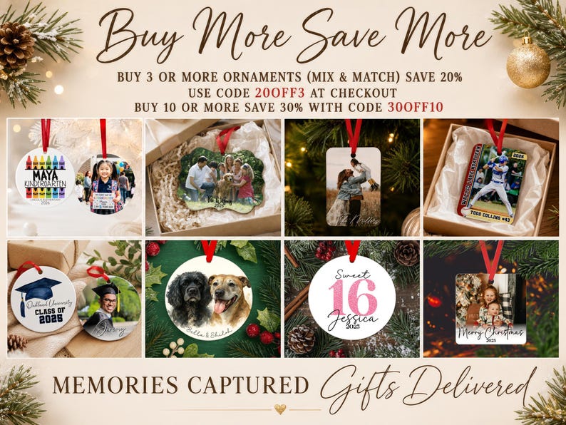 a collage of christmas ornaments with the words buy more save more