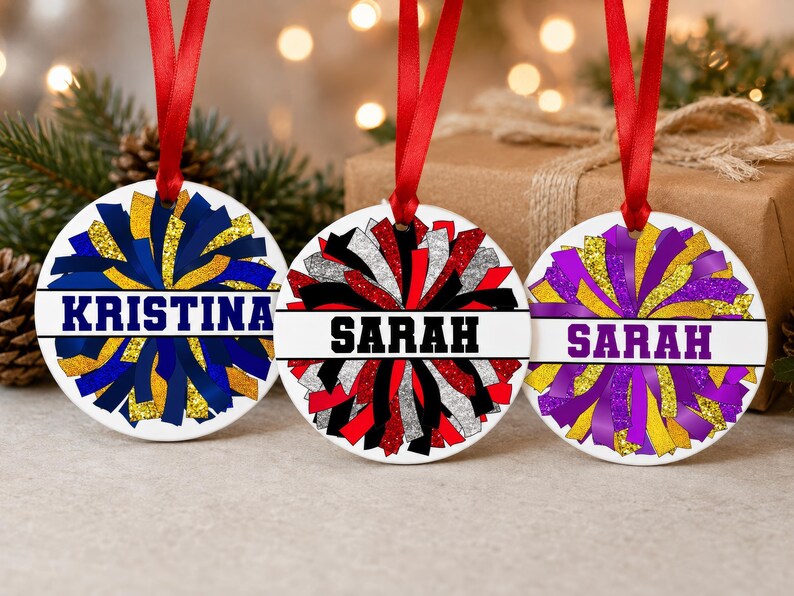 Cheer squad gifts displaying three poms ornaments in custom team colors to highlight personalization options.