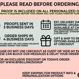 a series of instructions and guidelines for a personalized order, including a free proof, proof approval, order shipping, order shipping options, gift and shipping, and personalization options.